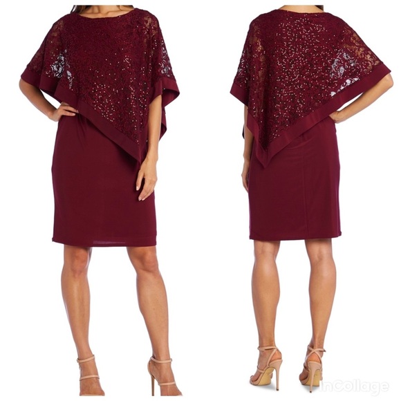 NWT R&M Richards Sequined Lace Poncho Wine Dress - Picture 1 of 11